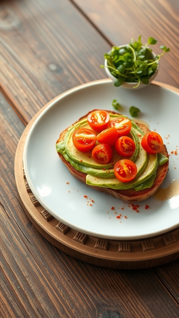 Avocado toast topped with tomatoes and red pepper flakes on a rustic table.